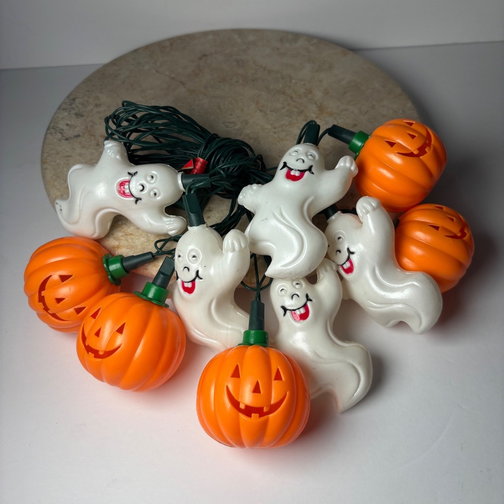 Vintage Halloween String Lights 10 Ghost Pumpkin Skeleton Blow Mold Retro